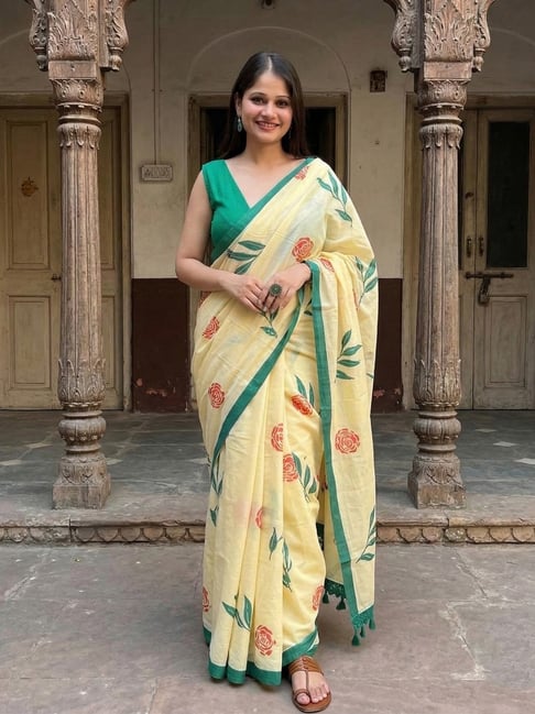 Anjaneya Sarees Yellow Linen Printed Saree with Unstitched Blouse-picture-35