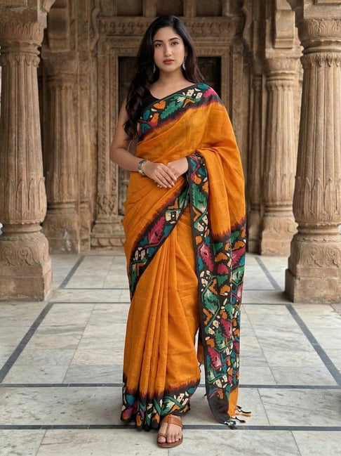 Anjaneya Sarees Orange Linen Printed Saree with Unstitched Blouse-picture-16