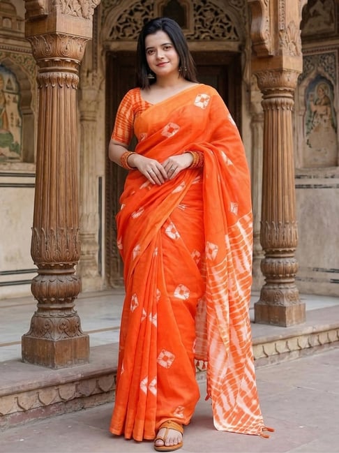 Anjaneya Sarees Orange Linen Printed Saree with Unstitched Blouse-picture-15