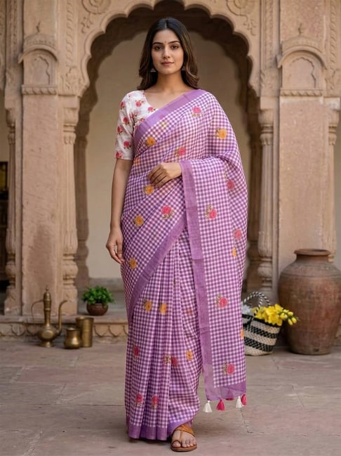Anjaneya Sarees Purple Linen Printed Saree with Unstitched Blouse-picture-47