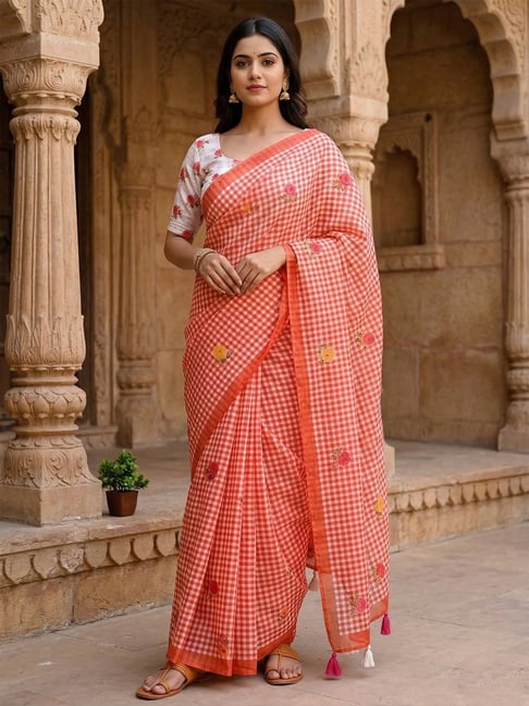 Anjaneya Sarees Orange Linen Printed Saree with Unstitched Blouse-picture-14