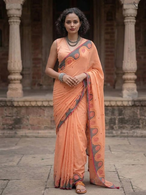 Anjaneya Sarees Orange Linen Printed Saree with Unstitched Blouse-picture-17