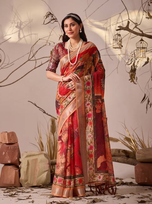 Anjaneya Sarees Red Linen Printed Saree with Unstitched Blouse-picture-23