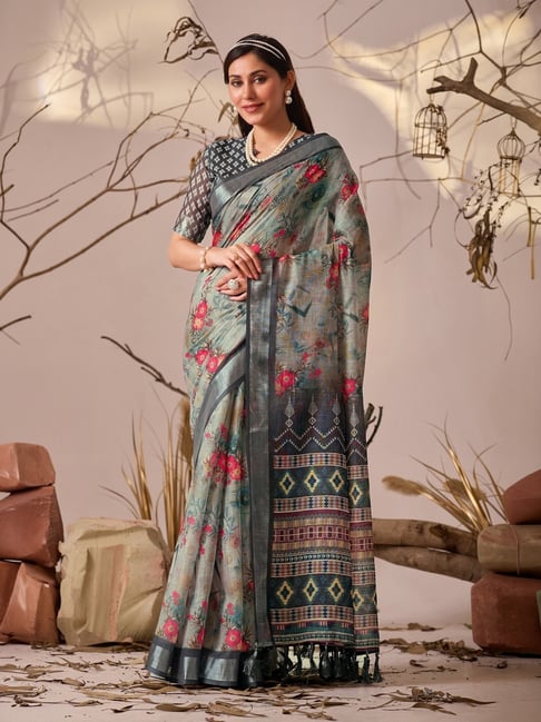 Anjaneya Sarees Green Linen Printed Saree with Unstitched Blouse-picture-13