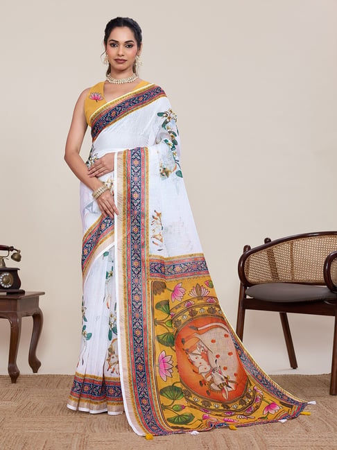 Anjaneya Sarees White Linen Printed Saree with Unstitched Blouse-picture-39