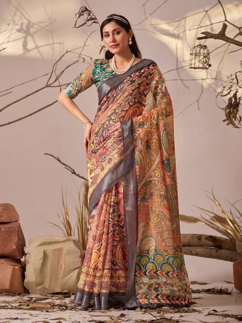 Anjaneya Sarees Orange Linen Printed Saree with Unstitched Blouse-picture-19