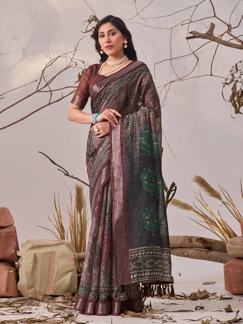 Anjaneya Sarees Brown Linen Printed Saree with Unstitched Blouse-picture-36