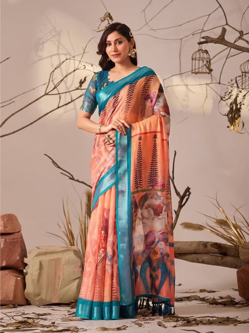 Anjaneya Sarees Orange Linen Printed Saree with Unstitched Blouse-picture-26