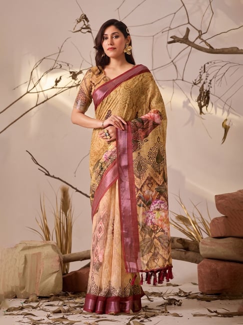 Anjaneya Sarees Yellow Linen Printed Saree with Unstitched Blouse-picture-23