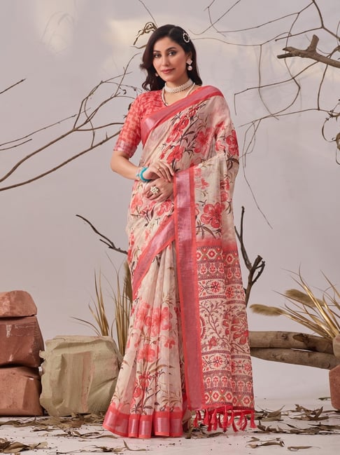 Anjaneya Sarees Beige Linen Printed Saree with Unstitched Blouse-picture-40