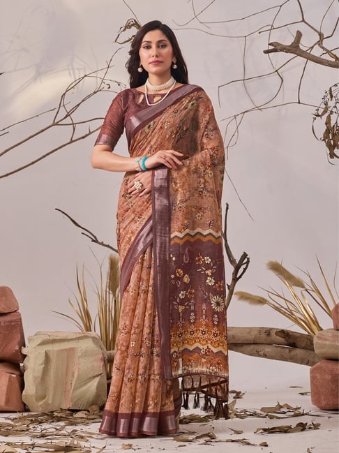 Anjaneya Sarees Orange Linen Printed Saree with Unstitched Blouse-picture-13