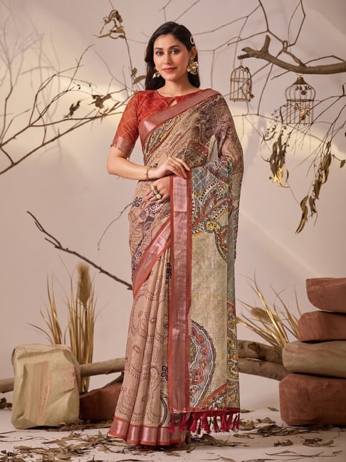 Anjaneya Sarees Multi-Color Linen Printed Saree with Unstitched Blouse-picture-34