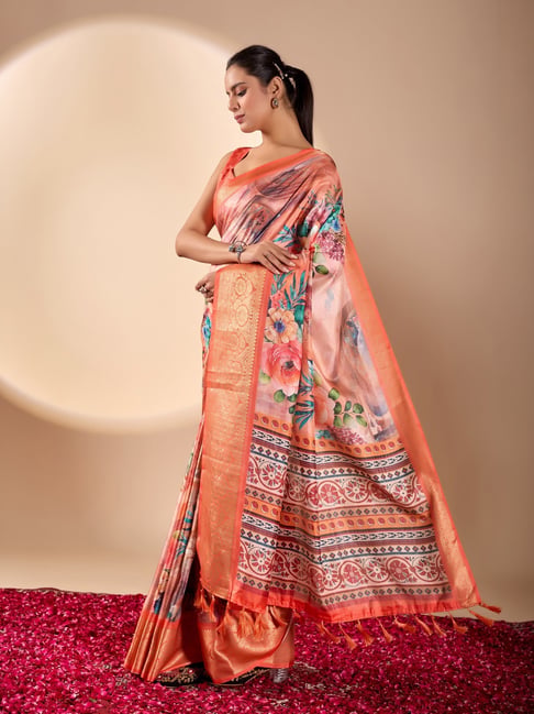 Anjaneya Sarees Orange Silk Printed Saree with Unstitched Blouse-picture-26