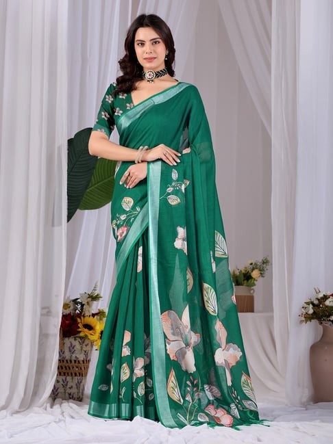 Anjaneya Sarees Green Linen Printed Saree with Unstitched Blouse-picture-26