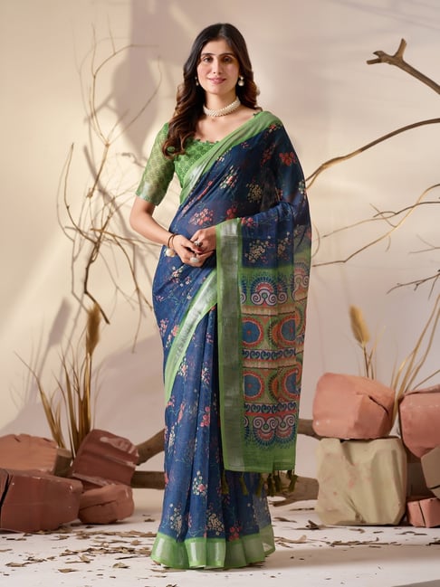 Anjaneya Sarees Blue Linen Printed Saree with Unstitched Blouse-picture-28