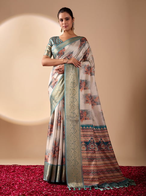 Anjaneya Sarees Beige Silk Printed Saree with Unstitched Blouse-picture-44