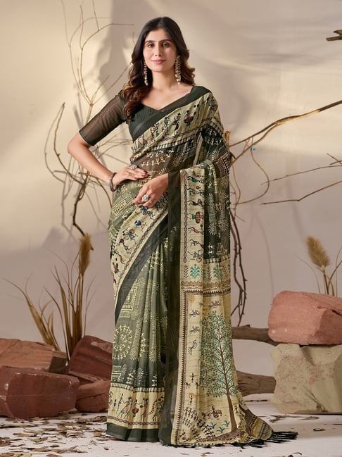 Anjaneya Sarees Green Printed Saree with Unstitched Blouse-picture-11