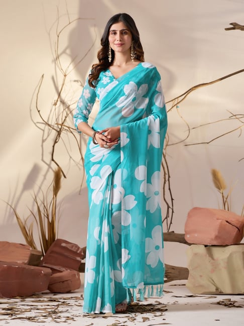 Anjaneya Sarees Blue Printed Saree with Unstitched Blouse-picture-42