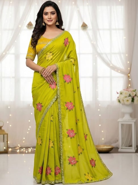 Elora Light Green Georgette Floral Print Saree With Unstitched Blouse-picture-12