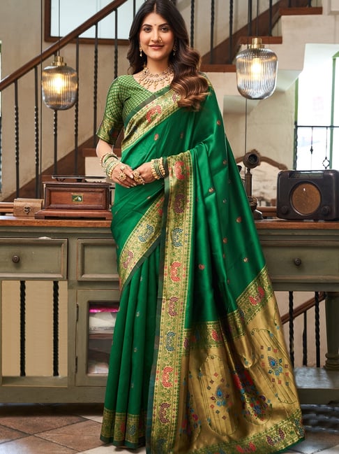Elora Green Silk Woven Design Saree With Unstitched Blouse-picture-30