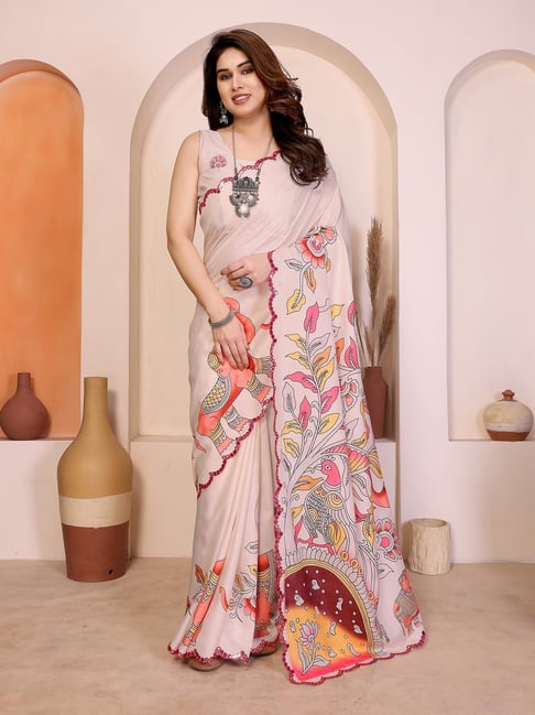Elora Cream Silk Printed Saree With Unstitched Blouse-picture-11