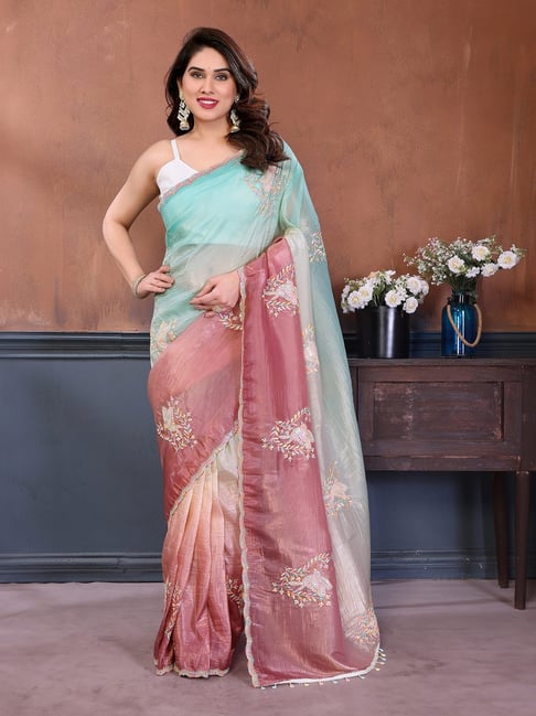 Elora Green & Brown Silk Floral Print Saree With Unstitched Blouse-picture-29