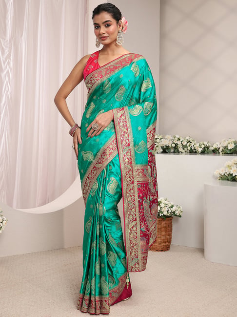 Libas Art Green Printed Saree With Unstitched Blouse-picture-24