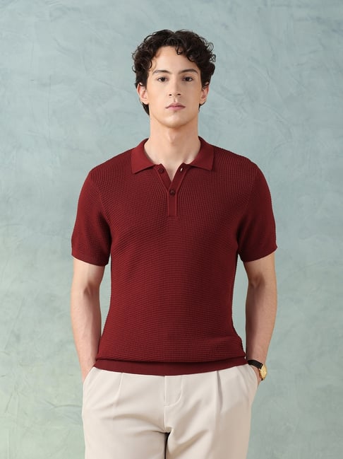 Arrow Sport Maroon Cotton Regular Textured T-Shirt-picture-48