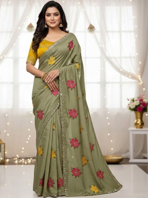 Elora Green Georgette Floral Print Saree With Unstitched Blouse-picture-10