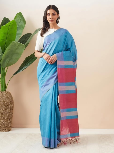 Fabindia Blue Silk Woven Saree-picture-20