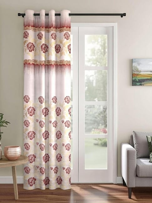 Romee Maroon and White Floral Printed Jacquard Door Curtain 7 feet - Set of 1