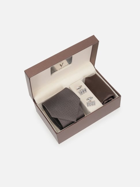 Van Heusen Men Brown Party Tie Pocket Square And Cufflink-picture-34