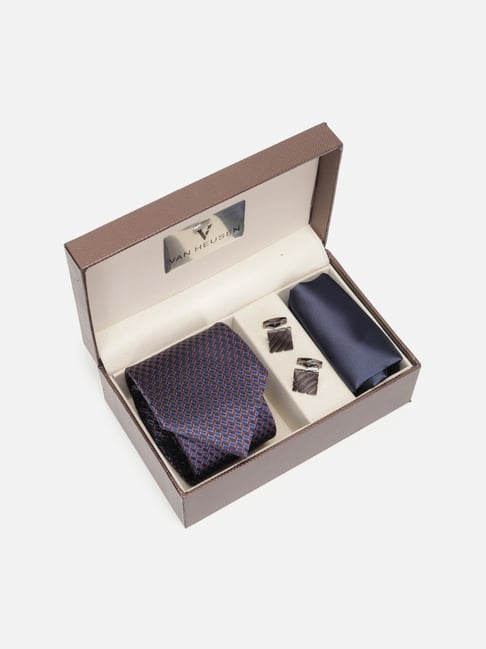 Van Heusen Men Navy Party Tie Pocket Square And Cufflink