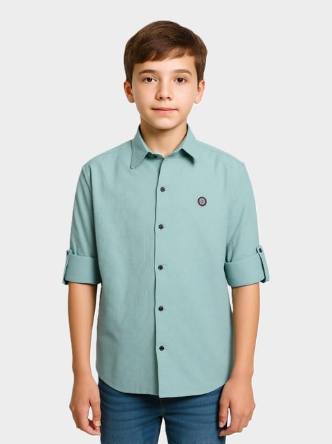 Charchit Boys Green Cotton Comfort Fit Shirt