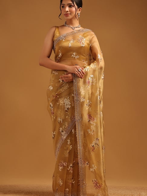 Soch Mustard Organza Floral Saree With Unstitched Blouse-picture-10