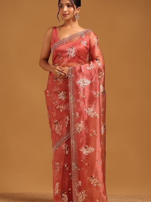 Soch Rust Organza Floral Saree With Unstitched Blouse-picture-42
