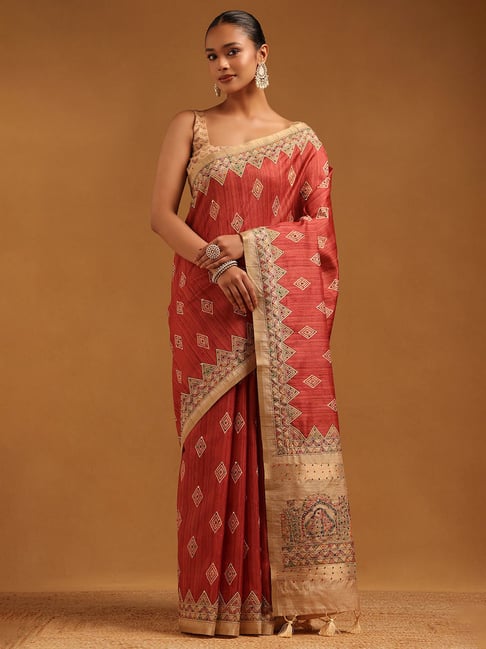 Soch Rust Art Silk Geometric Saree With Unstitched Blouse-picture-16
