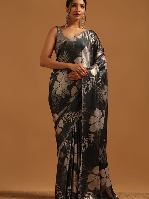 Soch Black Satin Floral Saree With Unstitched Blouse-picture-35