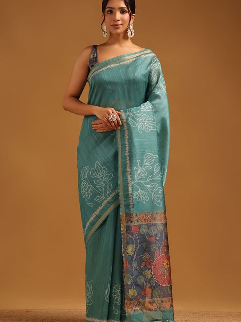 Soch Teal Art Silk Floral Saree With Unstitched Blouse-picture-35