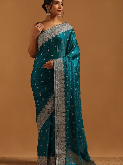 Soch Blue Organza Embellished Saree With Unstitched Blouse-picture-41