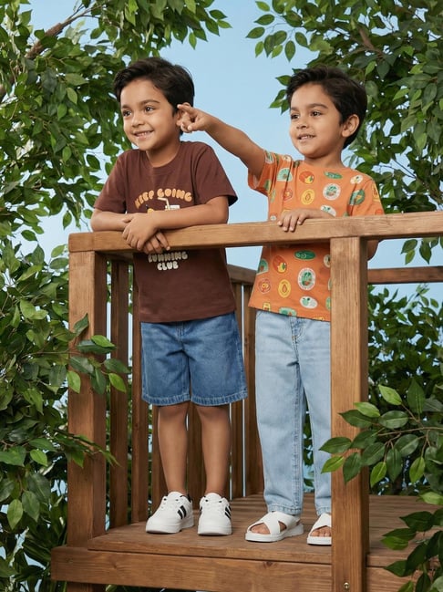 Nauti Nati Boys Orange and Brown Regular Fit Cotton Printed T-Shirts - Pack of 2