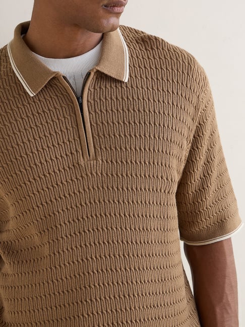 Ascot by Westside Taupe Relaxed-Fit Cotton Quarter-Zip Polo T-Shirt