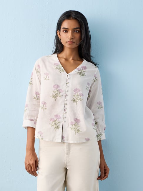 Utsa by Westside White Floral Pattern Cotton Tunic-picture-38