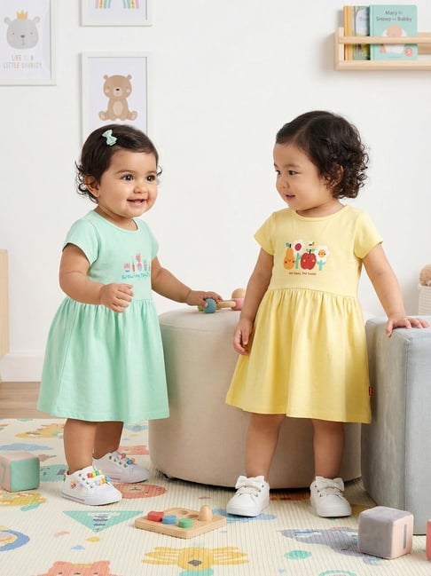Nauti Nati Girls Green and Yellow Regular Fit Cotton Printed Dress - Pack of 2