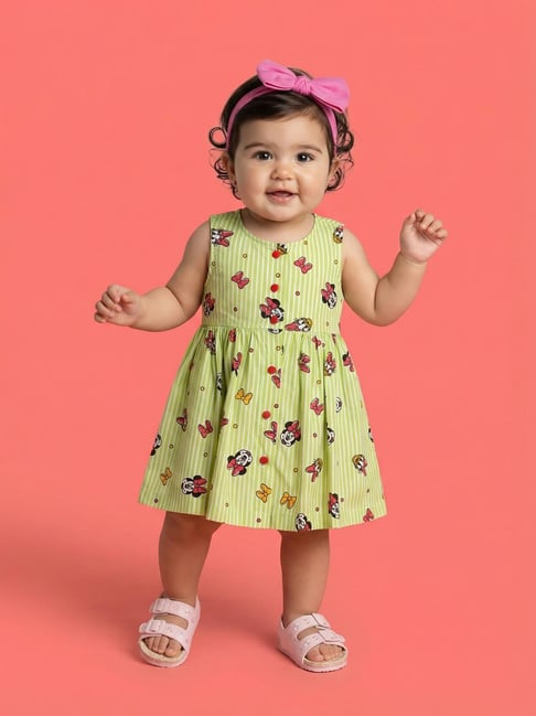 Nauti Nati Girls Light Green Regular Fit Cotton Disney Print Dress