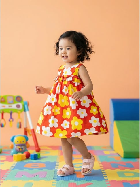 Nauti Nati Girls Red Regular Fit Cotton Floral Print Dress