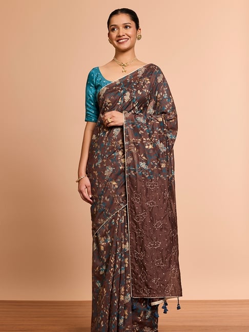 Taneira Brown Silk Floral Saree with Unstitched Blouse-picture-11