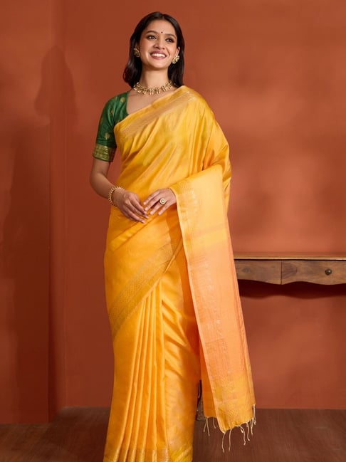 Taneira Yellow Silk Woven Design Saree with Unstitched Blouse-picture-33