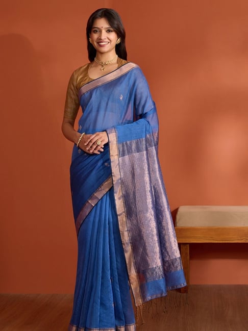 Taneira Dark Blue Silk Woven Design Saree with Unstitched Blouse-picture-35