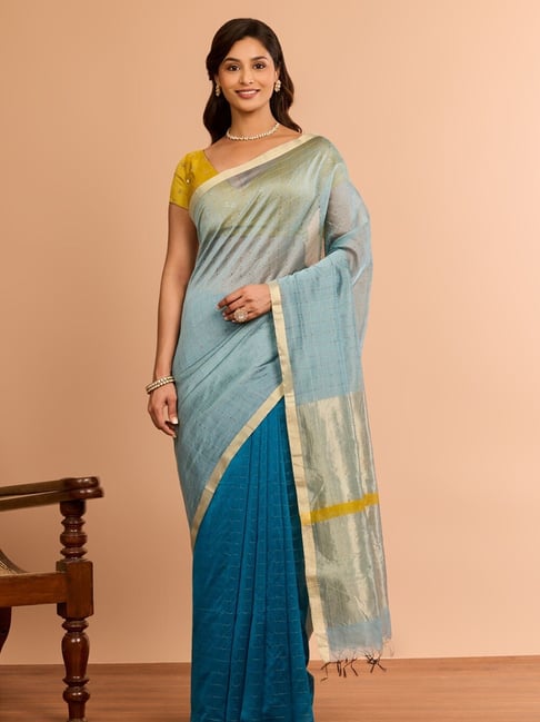 Taneira Blue Silk Checked Saree with Unstitched Blouse-picture-41